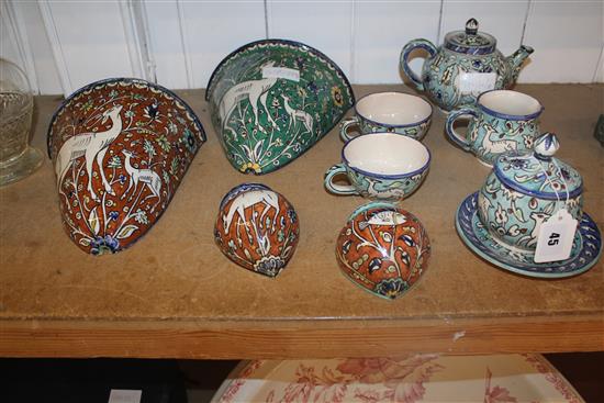Jerusalem pottery teaware & 2 wall vases